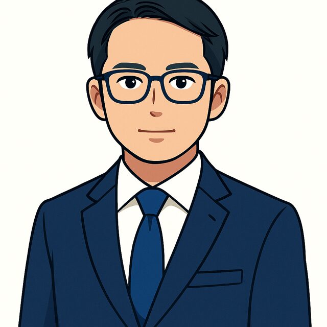 メガネのスーツを着た３０代の男性