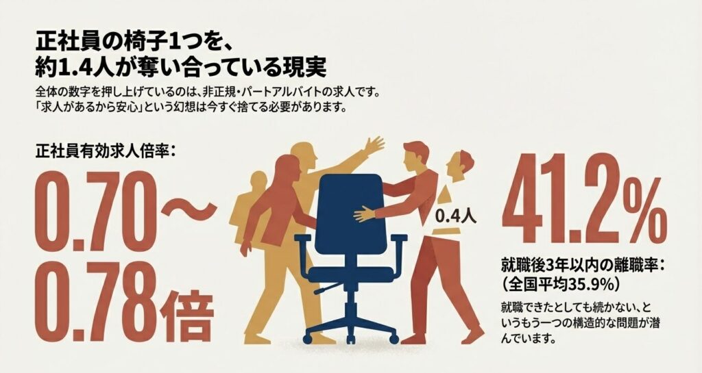 正社員の枠の１つの椅子を、1,4人で奪い合っているイラスト