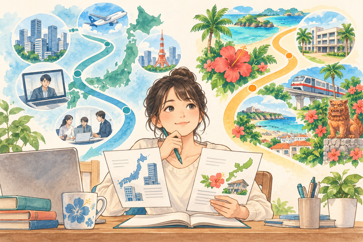 県内就職と県外就職の選択肢を、勤務地や働き方から比べる学生のイメージ