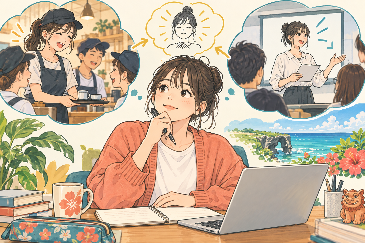 バイトや授業の経験を思い出し、自分の強みを整理する学生のイメージ