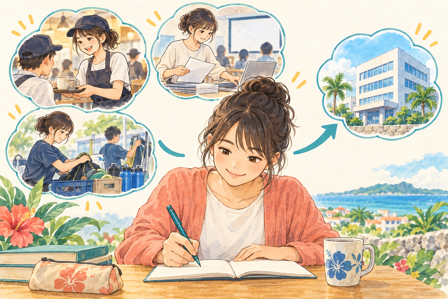 バイト・授業・サークルの経験を一つ書き出し、強みを整理する学生のイメージ