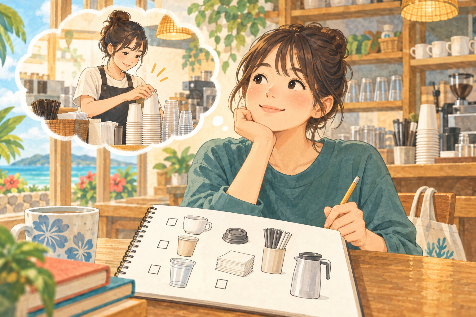 混雑前に備品を補充したバイト経験を振り返る学生のイメージ